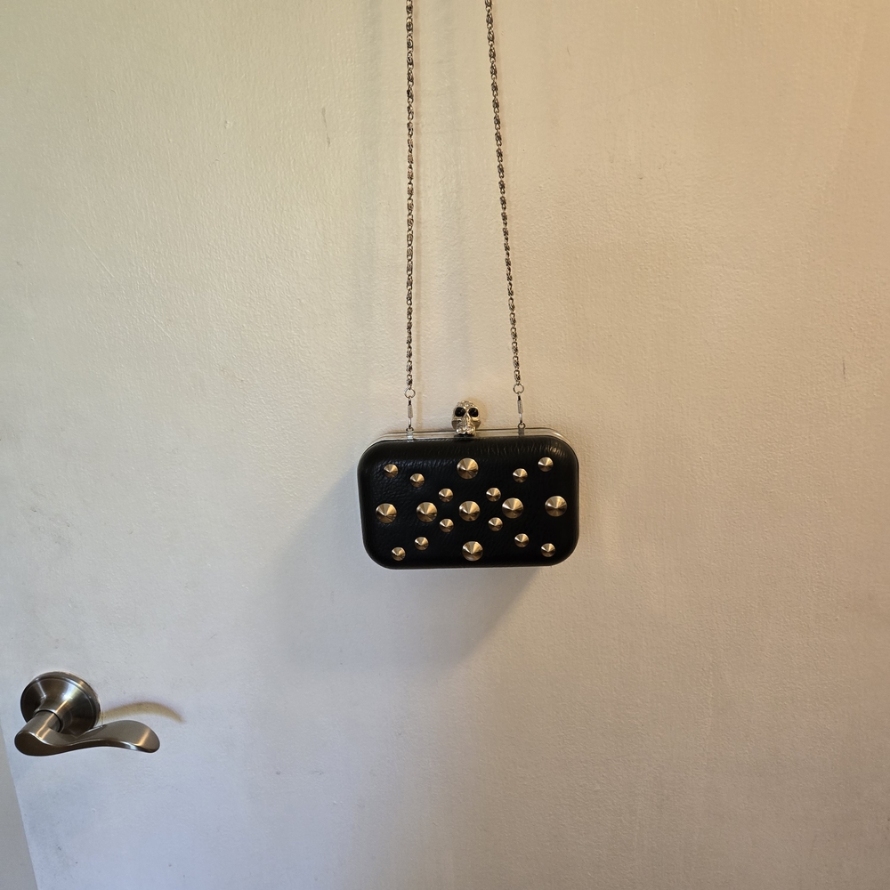 Cross Body Clutch Purse Black Skull Rhinestone Studded W Removable Handle Strap